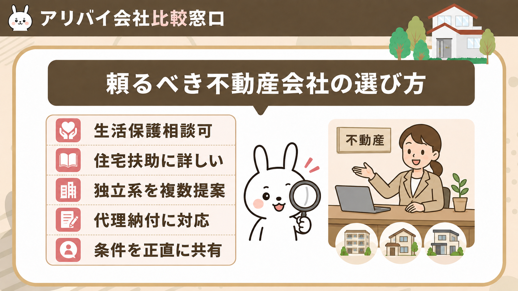 生活保護の入居に慣れた不動産会社の選び方を示す図解